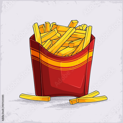 Hand drawn medium sized red box full with unhealthy but tasty yellow French fries ready to eat