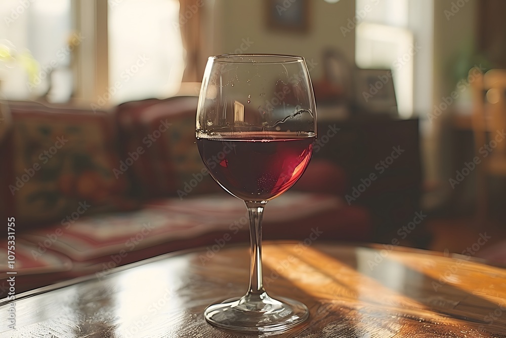 Red Wine Glass in Cozy Living Room Setting with Warm Natural Lighting Red Wine Glass in Cozy Living Room Setting with Warm Natural Lighting