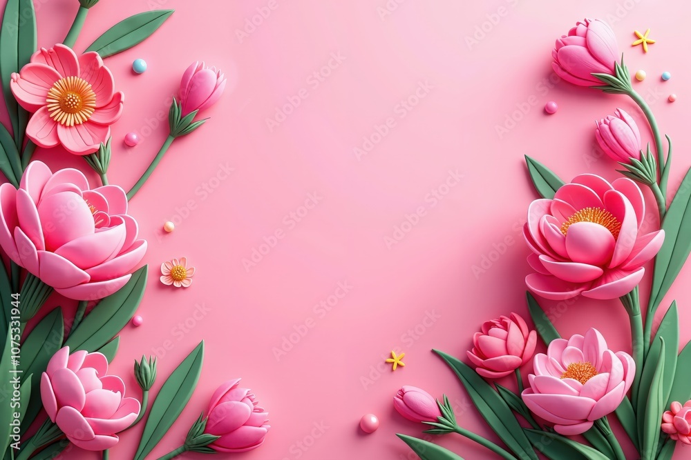 Elegant pink floral background with paper flowers and green leaves on soft pink surface Elegant pink floral background with paper flowers and green leaves on soft pink surface