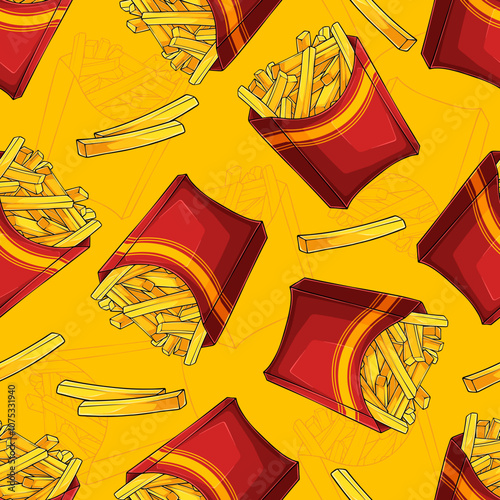 Hand drawn seamless pattern of Hand drawn red boxes full with yellow unhealthy crispy French fries