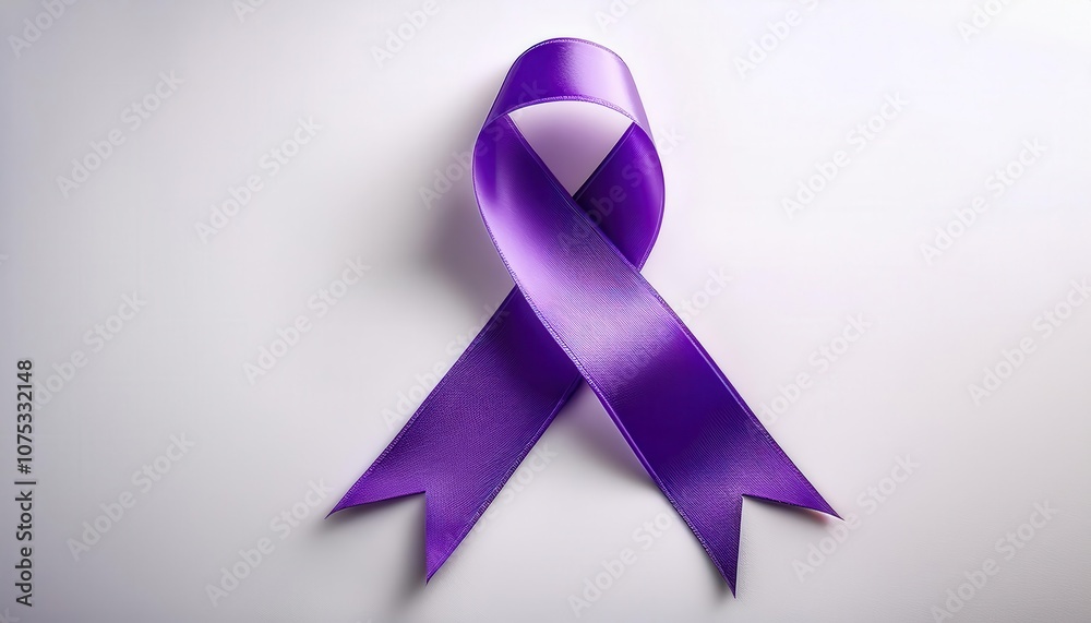 Close-Up of a Purple Awareness Ribbon Symbolizing Support and Advocacy for Domestic Violence Awareness, Alzheimer’s Disease, Epilepsy, and Other Social and Health Causes on a Soft White Background Close-Up of a Purple Awareness Ribbon Symbolizing Support and Advocacy for Domestic Violence Awareness, Alzheimer’s Disease, Epilepsy, and Other Social and Health Causes on a Soft White Background