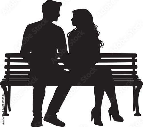 Couple sitting on a bench silhouette on white background