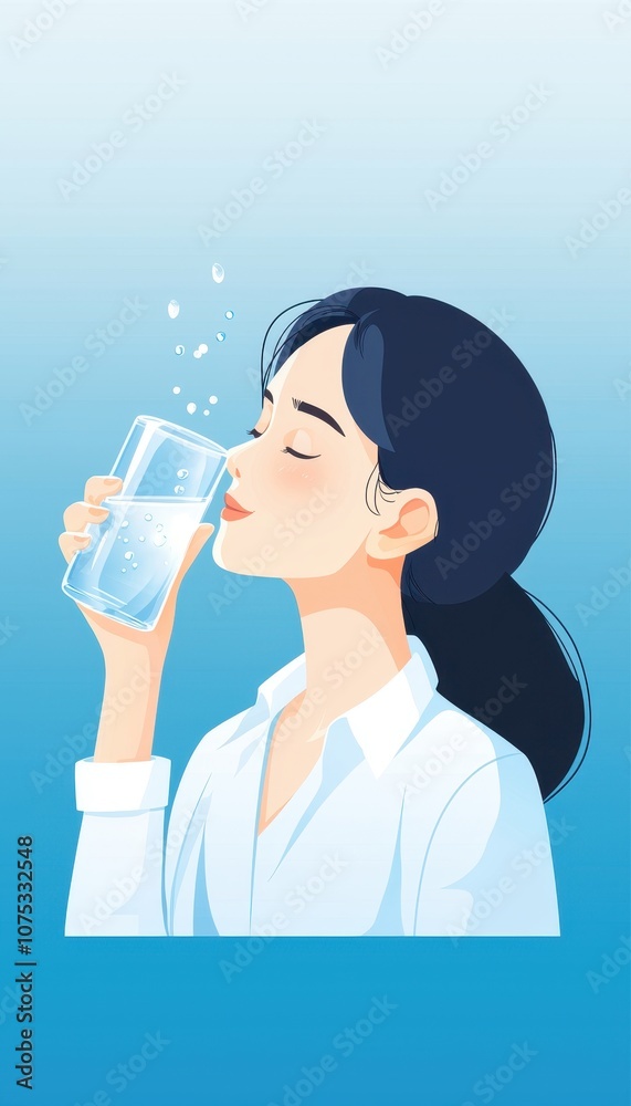 Person enjoys refreshing drink of water in a clean modern illustration style Person enjoys refreshing drink of water in a clean modern illustration style