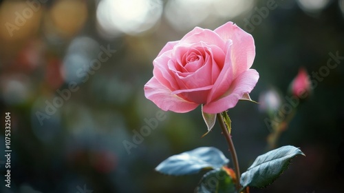 A single pink rose in bloom, captured against a blurred background of greenery.