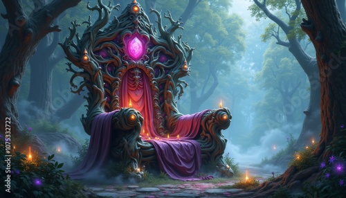 Magical fairy tale throne entwined with vines and lit by candles in an enchanting forest with mystic ambiance