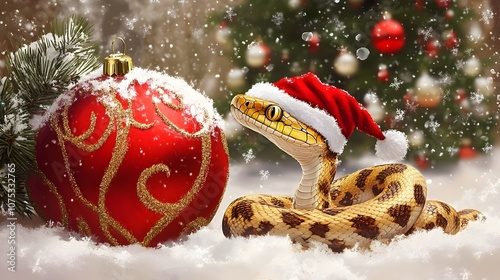 Chinese new year 2025.  Year of the snake concept. cartoon golden snake with Sansta`s hat, Santa and Christmas tree illustration. Symbol 2025 Chinese Year. For Christmas Cards, Scrapbooking, Textile,  photo