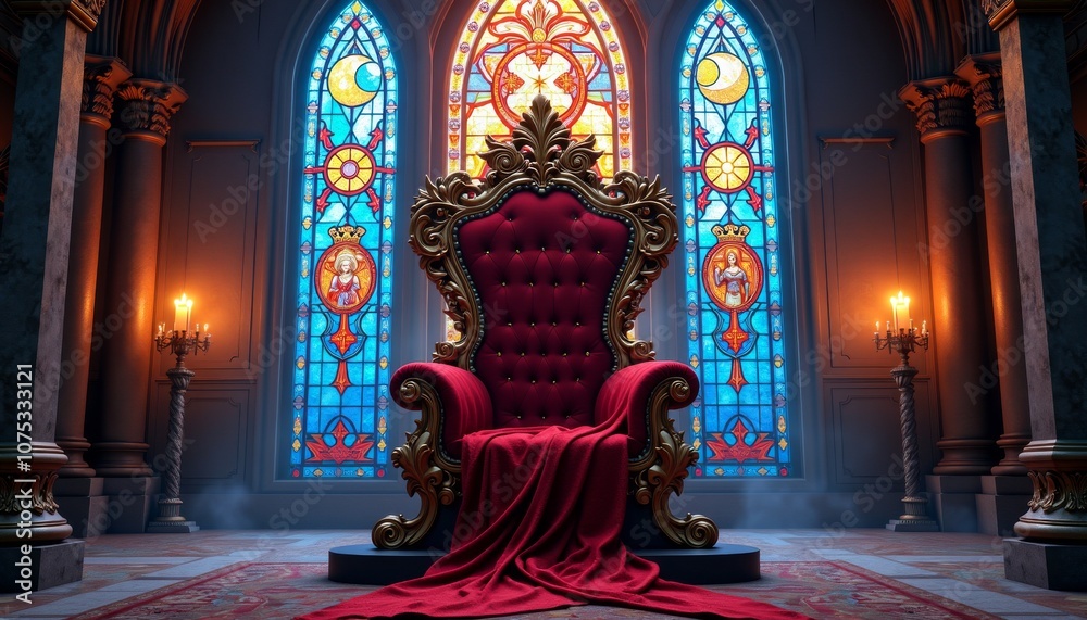 Fototapeta premium Opulent fairy tale throne draped in red fabric in front of stunning stained glass windows with dramatic lighting