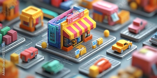 A miniature city with a brightly colored storefront and cars on a grey grid background.