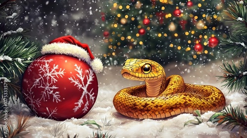 Chinese new year 2025.  Year of the snake concept. cartoon golden snake with Sansta`s hat, Santa and Christmas tree illustration. Symbol 2025 Chinese Year. For Christmas Cards, Scrapbooking, Textile,  photo