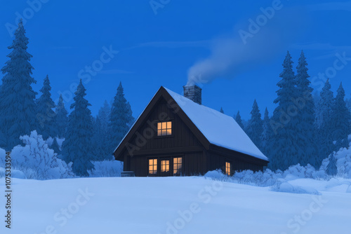 A small cabin with a chimney is lit up at night