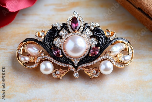 Vintage-style brooch with pearls and gemstones, set in an ornate design on a faded background