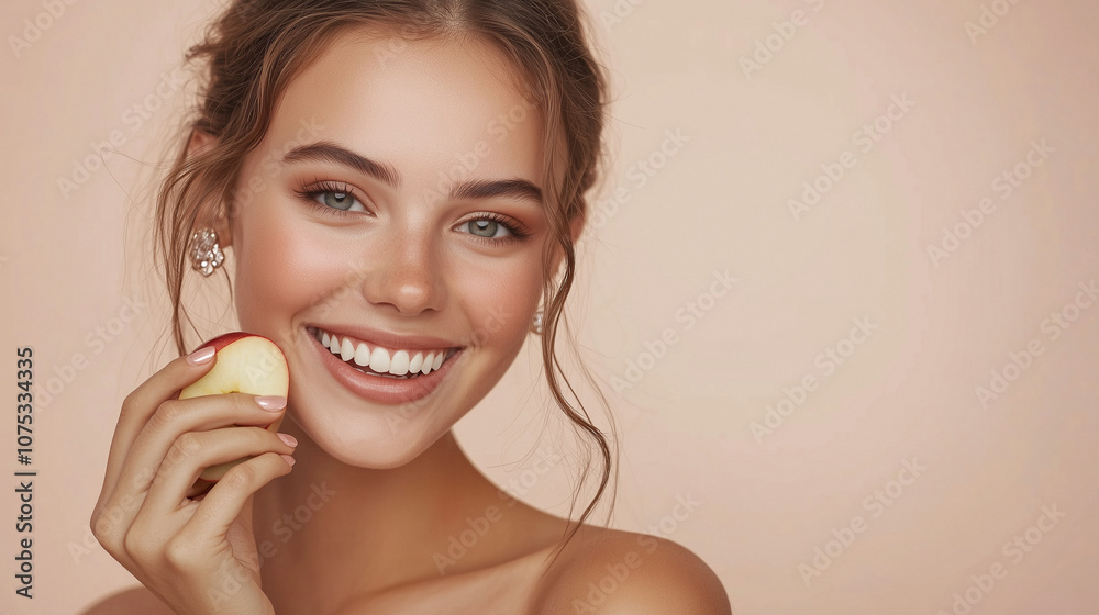 Young smiling female with smooth skin holds an apple, isolated on plain pastel beige background Young smiling female with smooth skin holds an apple, isolated on plain pastel beige background
