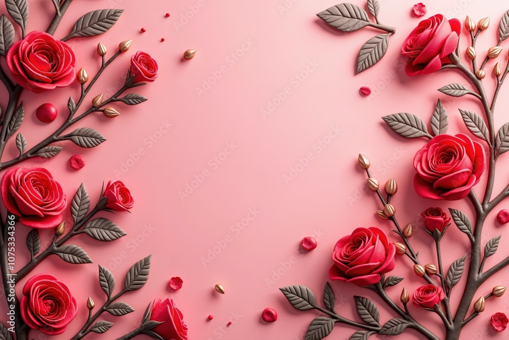 Elegant pink floral background with red roses and golden accents for romantic designs Elegant pink floral background with red roses and golden accents for romantic designs