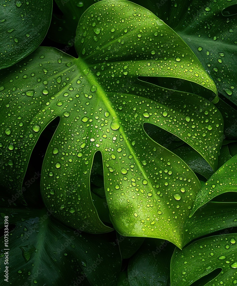 Lush Green Leaves with Water Droplets: A Close-Up of Tropical Botanical Beauty Lush Green Leaves with Water Droplets: A Close-Up of Tropical Botanical Beauty
