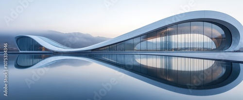 Futuristic building reflecting in water at dawn with mountain view