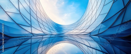 Modern glass building reflecting blue sky with clouds