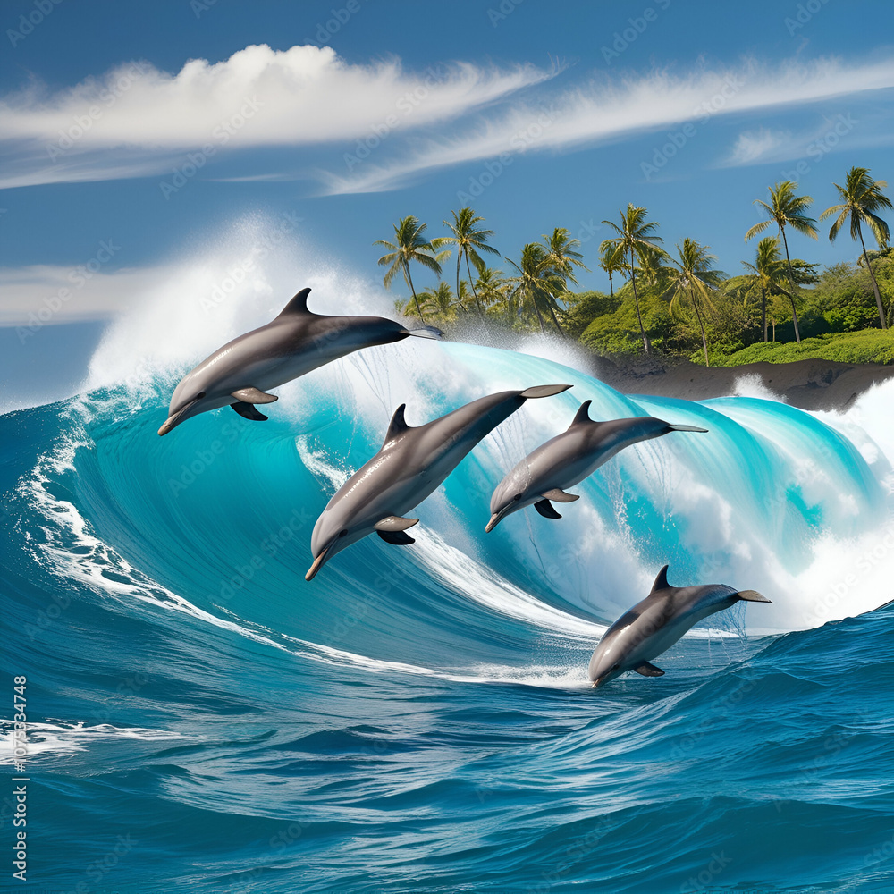 Obraz premium playful dolphins, their sleek gray bodies glistening with seawater, leap and jump in unison over towering, turquoise-blue breaking waves