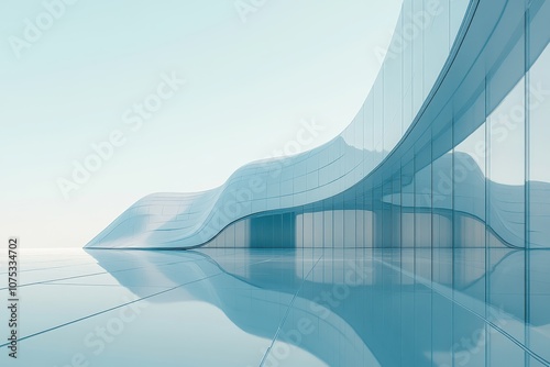 Wavy glass building reflecting on a shiny floor under a clear sky