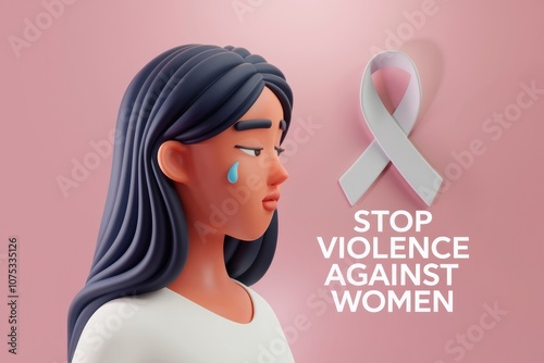 A sad woman with a tear  white ribbon  and the message  Stop violence against women   photo