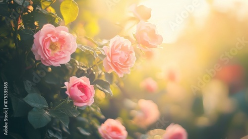 A soft focus shot of pink roses blooming in a garden, with sunlight filtering through the leaves.