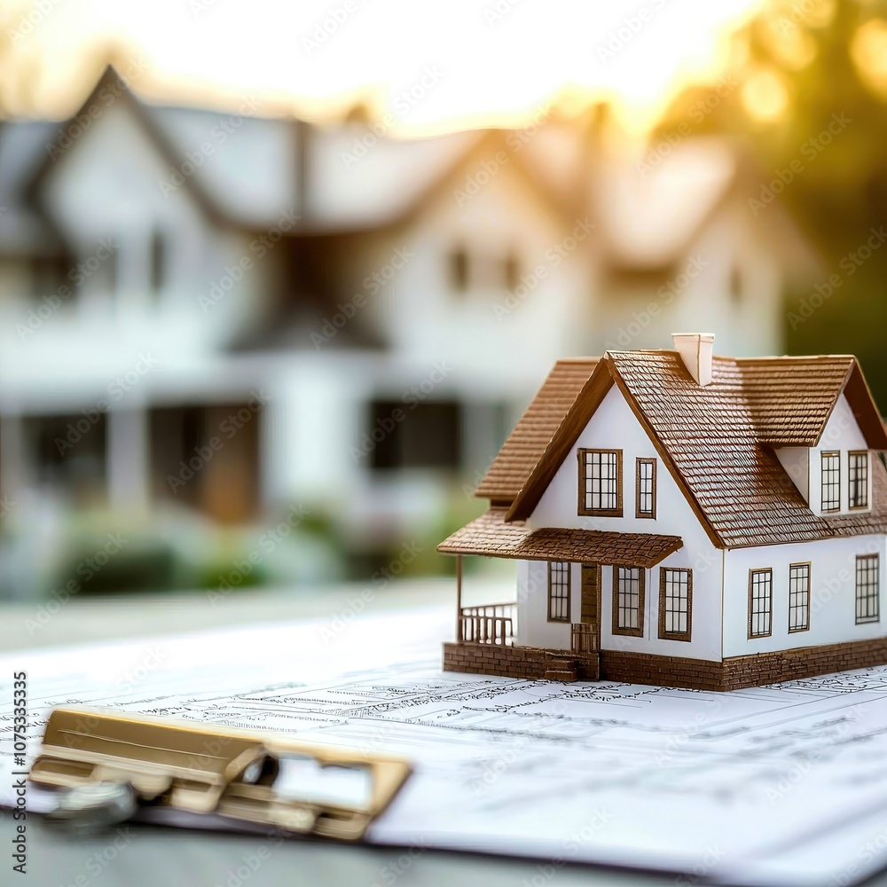 Miniature house model on paperwork, symbolizing Tax liability document for estate, managing responsibilities, efficient handling Miniature house model on paperwork, symbolizing Tax liability document for estate, managing responsibilities, efficient handling