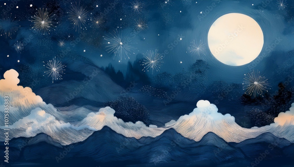 Artwork of the moon and starlight floating in the night sky Artwork of the moon and starlight floating in the night sky
