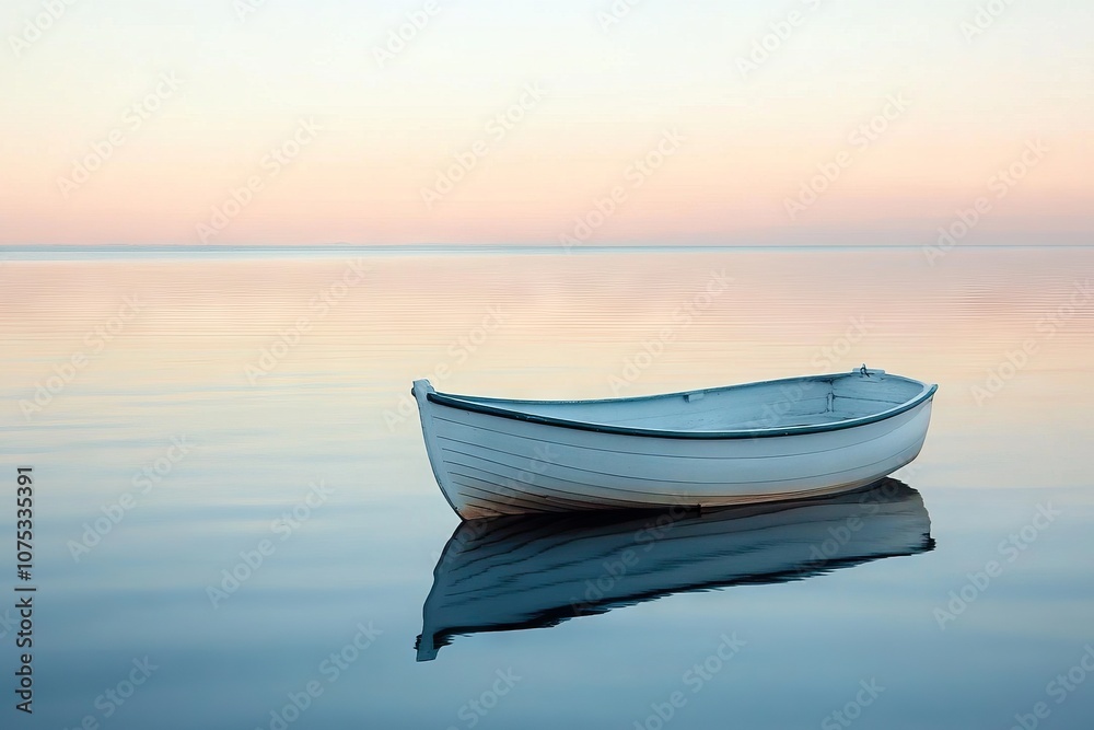 White rowboat on calm water with pastel blue sky. AI generated illustration White rowboat on calm water with pastel blue sky. AI generated illustration