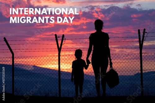 Mother and child silhouette at barbed wire fence on Migrants Day. photo