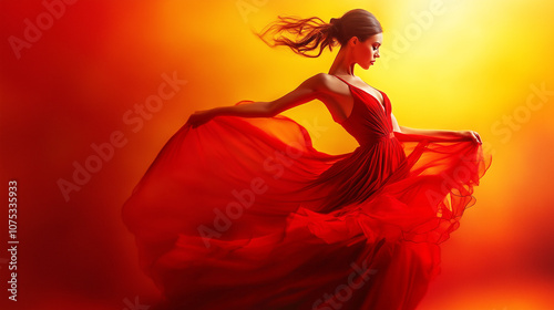 graceful woman in a flowing red dress performs a passionate dance against a fiery background, embodying elegance, movement, and artistic expression.