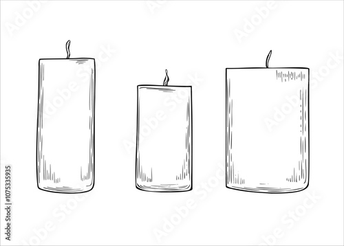 Three elegant pillar candles of different heights with burning flame in monochrome hand drawn line black ink illustration clip art. Minimalist holiday composition for spa salon design, Xmas poster
