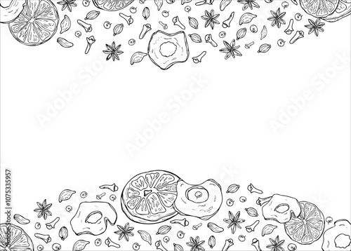 Monochrome dried fruits with winter spices vector horizontal border painted by black inks. Cinnamon sticks, dried orange and apple slices, cardamom, anise and cloves border with copy space for text.