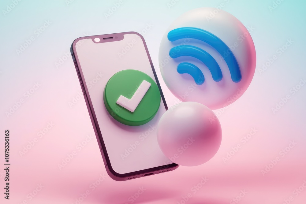 Smartphone with a green checkmark and a blue Wi Fi symbol. Smartphone with a green checkmark and a blue Wi Fi symbol.