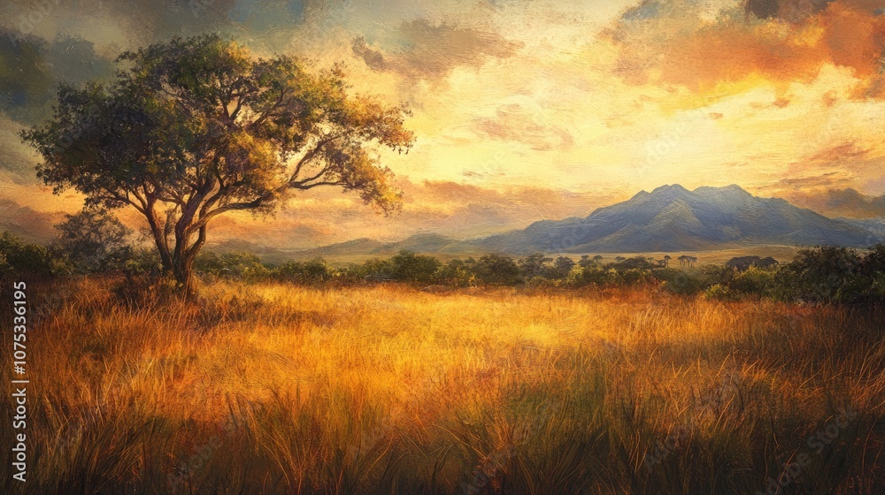 Scenic safari landscape illuminated by the glow of sunset Mixed media artwork Scenic safari landscape illuminated by the glow of sunset Mixed media artwork