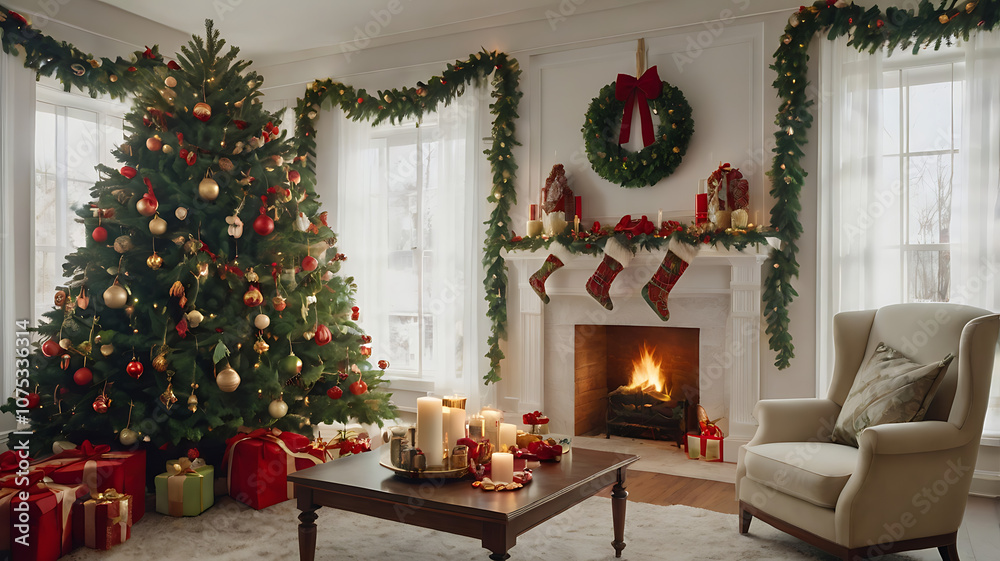 Cozy Traditional Christmas Living Room with Festive Decor and Fireplace, Christmas living room, holiday decor, Christmas tree, fireplace, Christmas decorations Cozy Traditional Christmas Living Room with Festive Decor and Fireplace, Christmas living room, holiday decor, Christmas tree, fireplace, Christmas decorations
