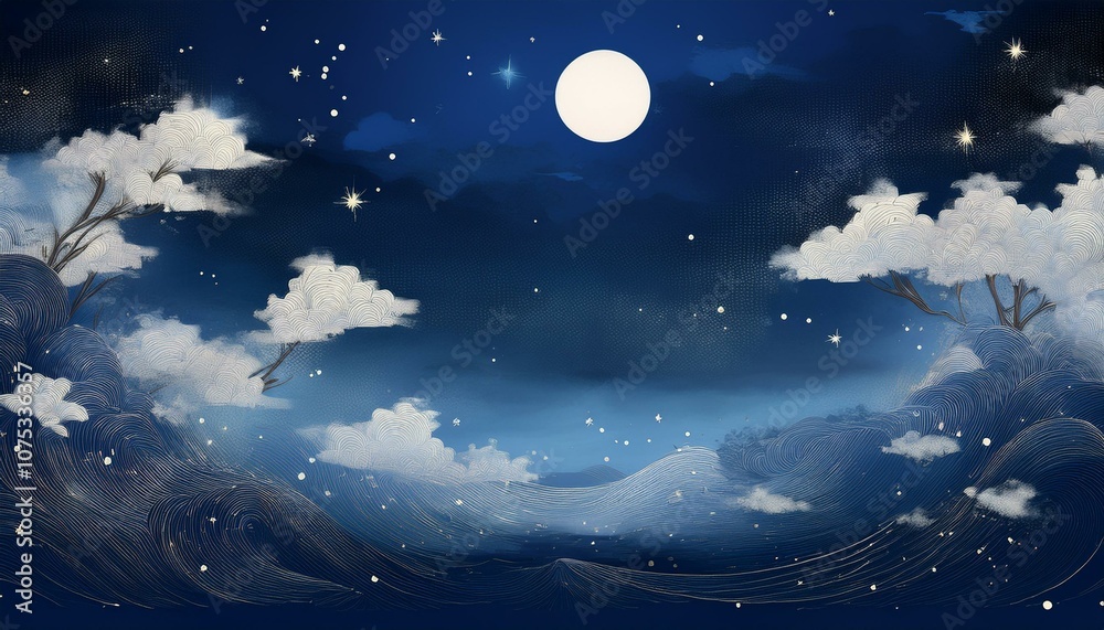 Artwork of the moon and starlight floating in the night sky Artwork of the moon and starlight floating in the night sky