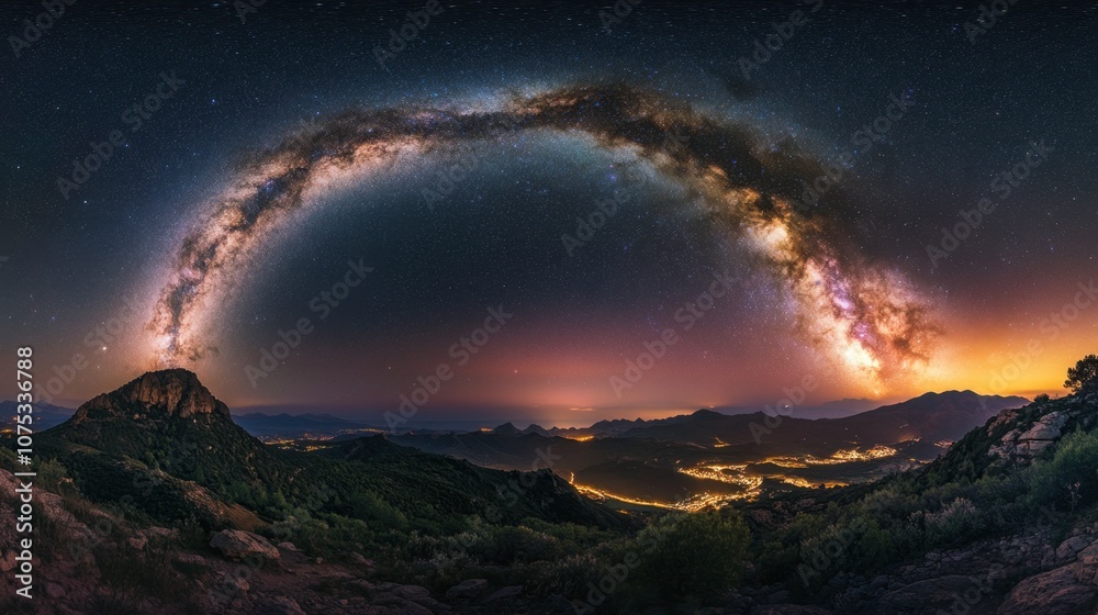 A stunning night sky filled with countless stars and the Milky Way galaxy, arched across a mountainous landscape. A stunning night sky filled with countless stars and the Milky Way galaxy, arched across a mountainous landscape.
