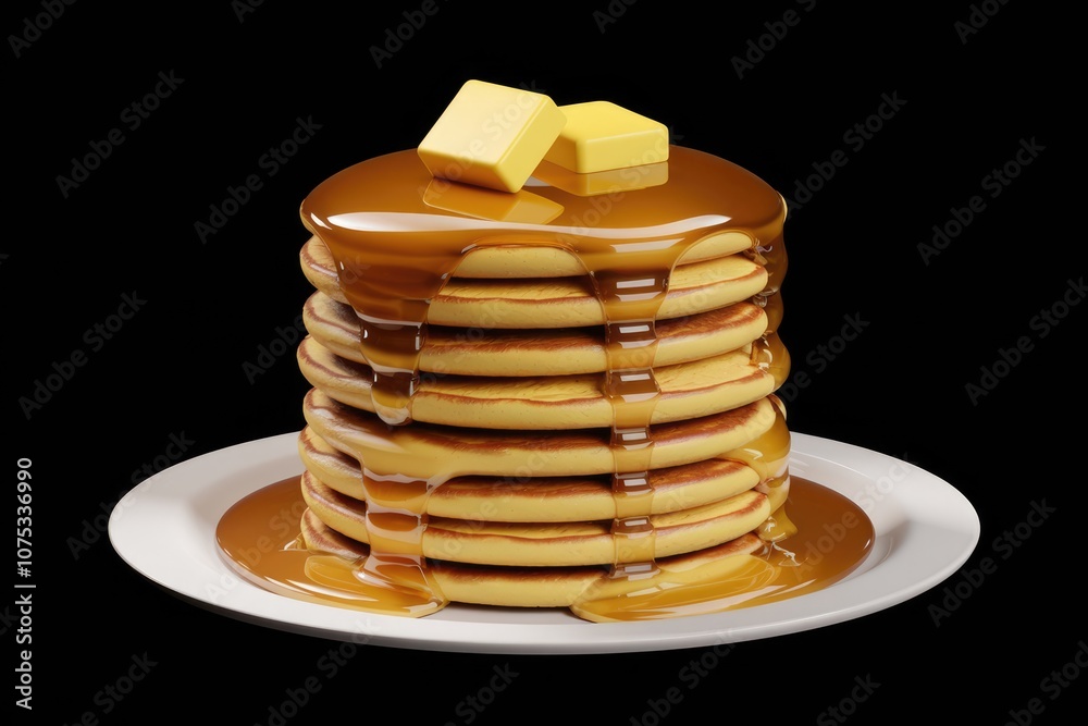 A stack of fluffy pancakes topped with butter and drizzled with syrup. A stack of fluffy pancakes topped with butter and drizzled with syrup.