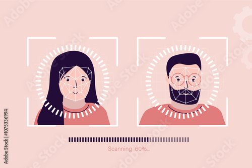 Biometric verification. Face identification system, scanning caucasian woman and man faces. User access control, loading bar, modern technology. Face recognition.