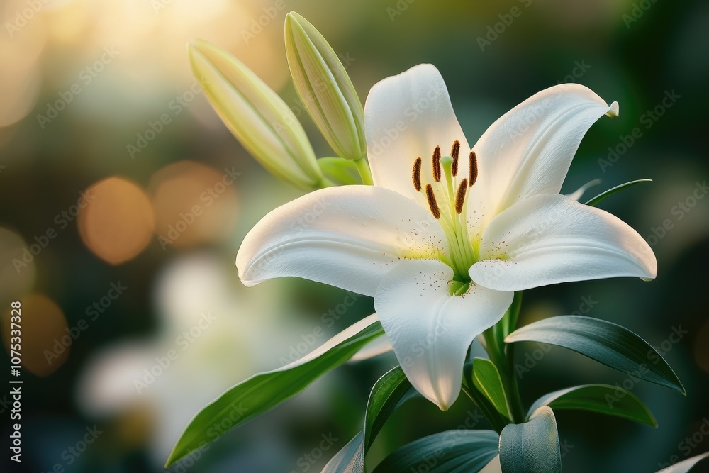 White madonna lily flower blooming in warm sunlight with bokeh background White madonna lily flower blooming in warm sunlight with bokeh background