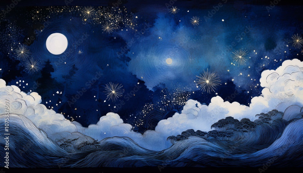 Artwork of the moon and starlight floating in the night sky Artwork of the moon and starlight floating in the night sky