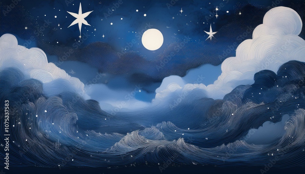 Artwork of the moon and starlight floating in the night sky