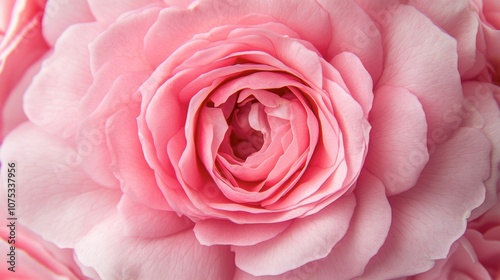 A top-down view of a blooming pink rose, highlighting its intricate layers of petals.