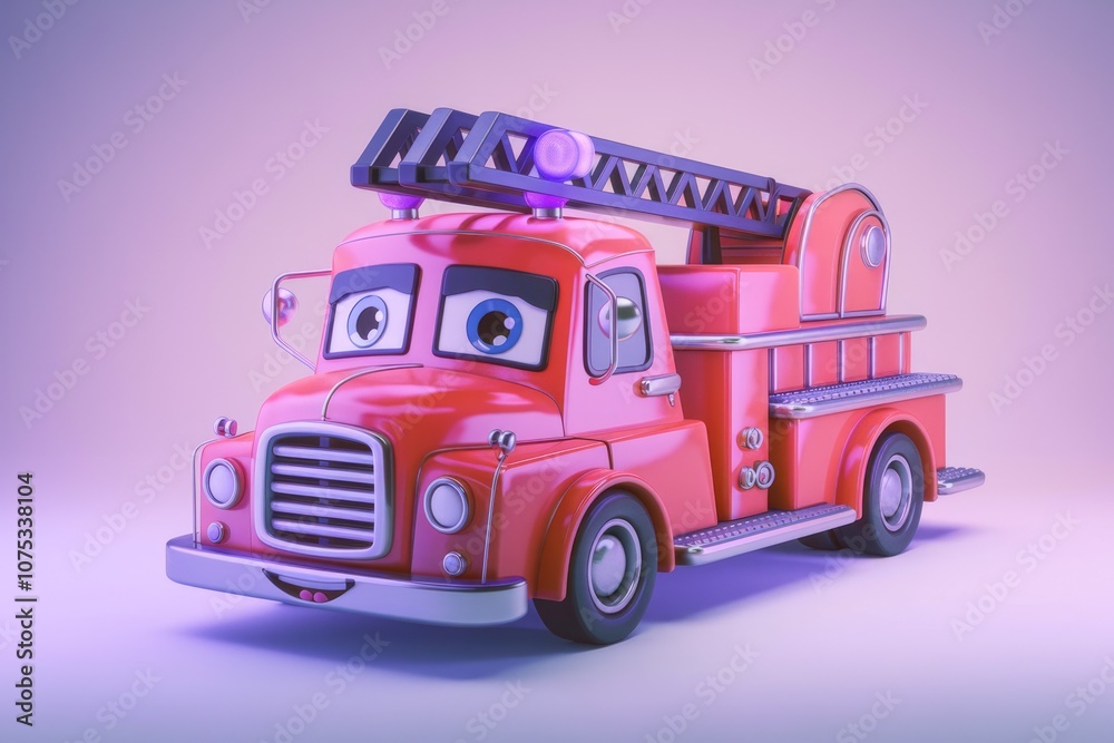 Fototapeta premium A cartoon firetruck with a smiling face and a ladder on top.