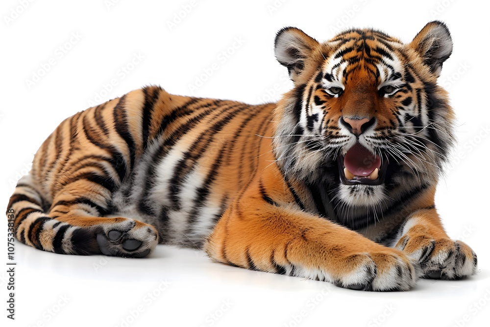 Fototapeta premium Majestic Tiger in Restful Pose on White Background for Wildlife Art