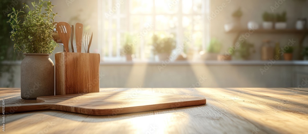 Wooden Cutting Board on Table with Sunlight. Wooden Cutting Board on Table with Sunlight.