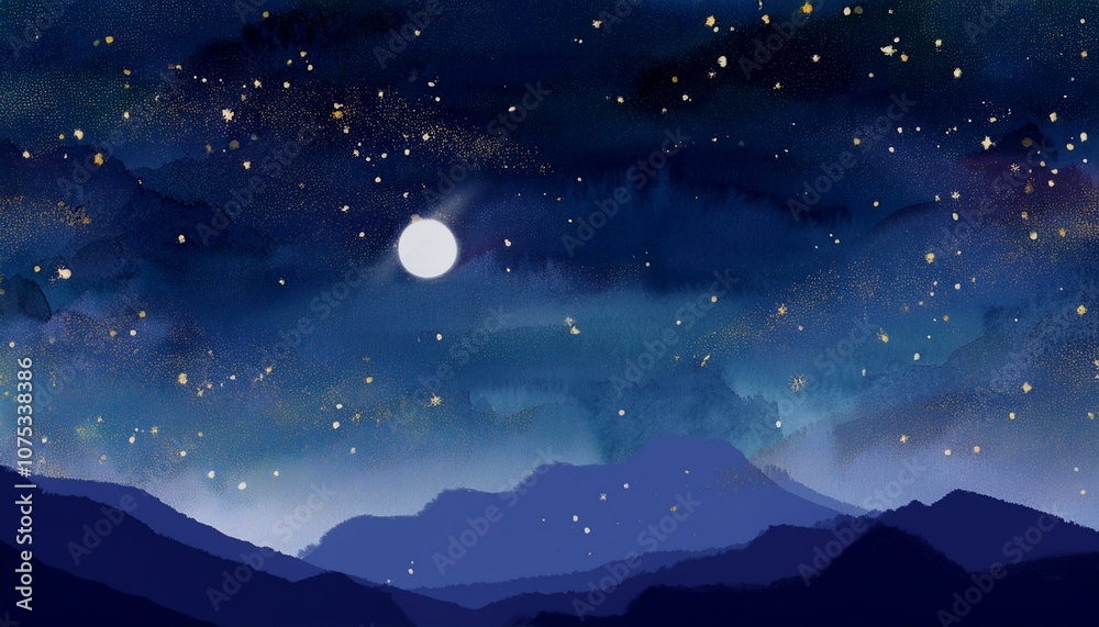Artwork of the moon and starlight floating in the night sky Artwork of the moon and starlight floating in the night sky