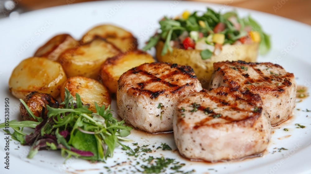 Grilled pork medallions served with crispy potatoes a fresh mixed salad and a sprinkle of herbs Grilled pork medallions served with crispy potatoes a fresh mixed salad and a sprinkle of herbs
