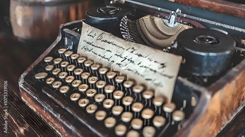 Antique Typewriter: A vintage typewriter with a half-written legal document. The keys bear witness to countless keystrokes, echoing the painstaking process of legal writing.  photo