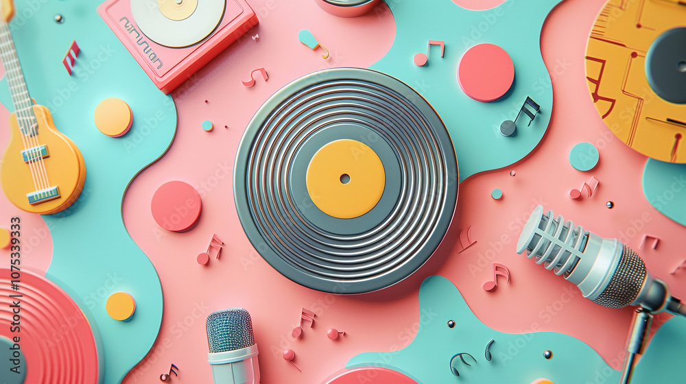 A 1940s-themed music flyer with classic record players, vintage microphones, and retro typography on a pastel background, capturing the style of swing music and old-school radio broadcasts. A 1940s-themed music flyer with classic record players, vintage microphones, and retro typography on a pastel background, capturing the style of swing music and old-school radio broadcasts.