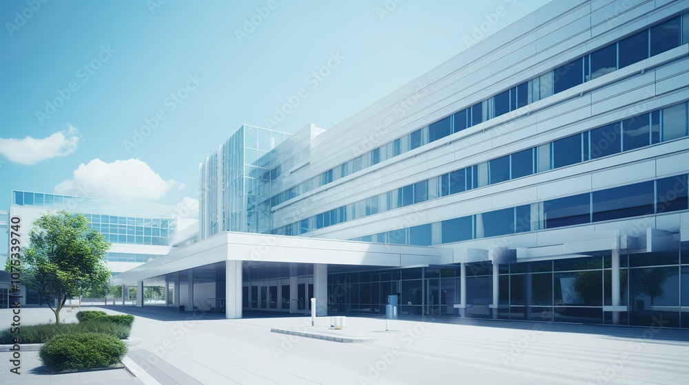 A photo of a modern hospital building exterior. A photo of a modern hospital building exterior.